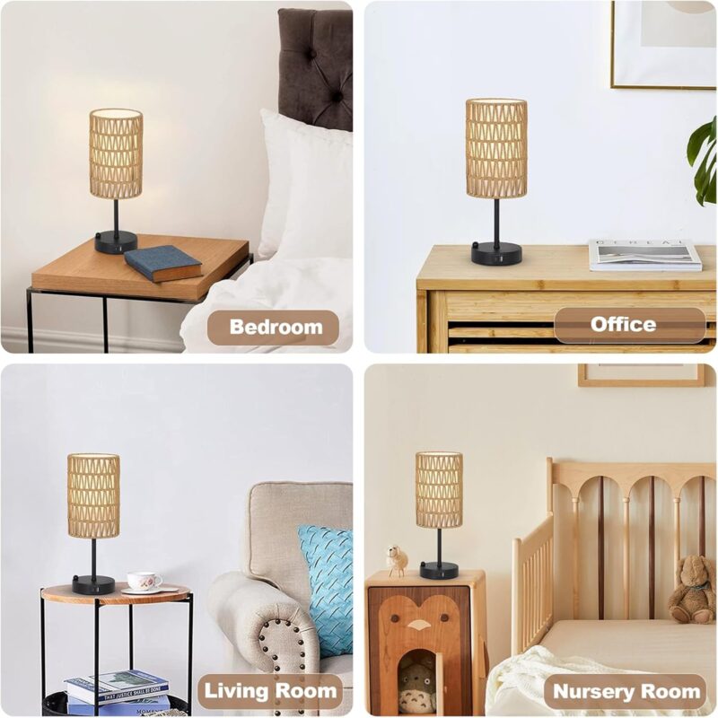 Touch Table Lamp For Bedroom with Bulb, Boho Small Desk Lamp For Living Room With Rattan & Linen Shade, 3 Way Dimmable Bedside Table Lamp For Nightstand With USB Charging Port & Phone Stand For Office - Image 7