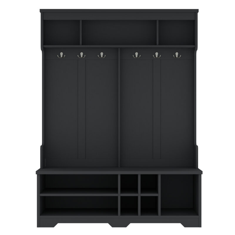 Modern Hallway Hall Tree with Metal Hooks and Storage Space, Multi-Functional Entryway Coat Rack with Shoe Cubbies, Black - Image 11