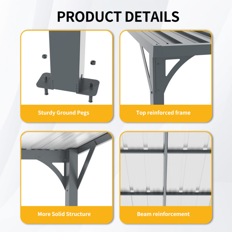 Outdoor Pergola 8' x 10' Metal Inclined Roof Pergolas Waterproof Wall-mounted iron sheet shed Gazebo for Patio,Garden,Yard - Image 5