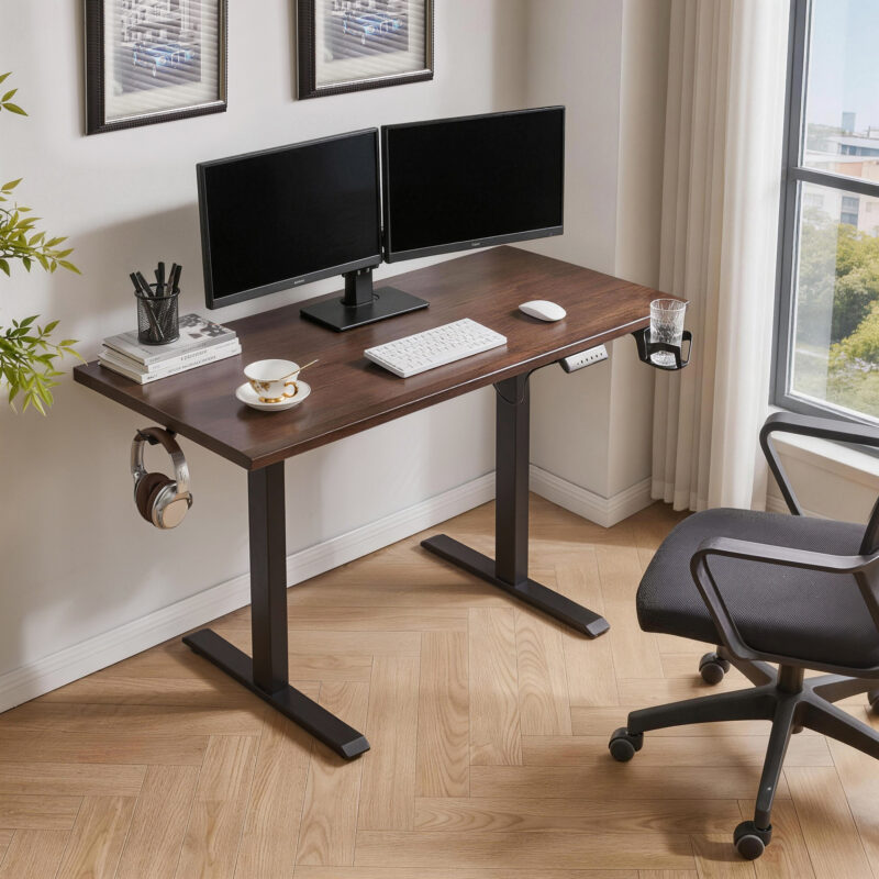 Solid Rubberwood Electric Standing Desk, Adjustable Height Sit Stand Desk with Single Motor, Ergonomic Home Office Desk with 2-Tier Legs - Image 4