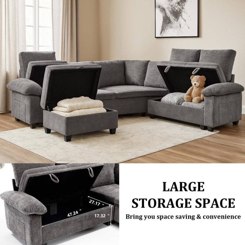 HOMYEDAMIC L Shaped Sectional Sleeper Sofa with Pull Out Bed, 5 Seat Modular Chenille Couch with Storage, Modern Convertible Sofa Bed, Sectional Couches for Living Room, Apartment, Gray - Image 4
