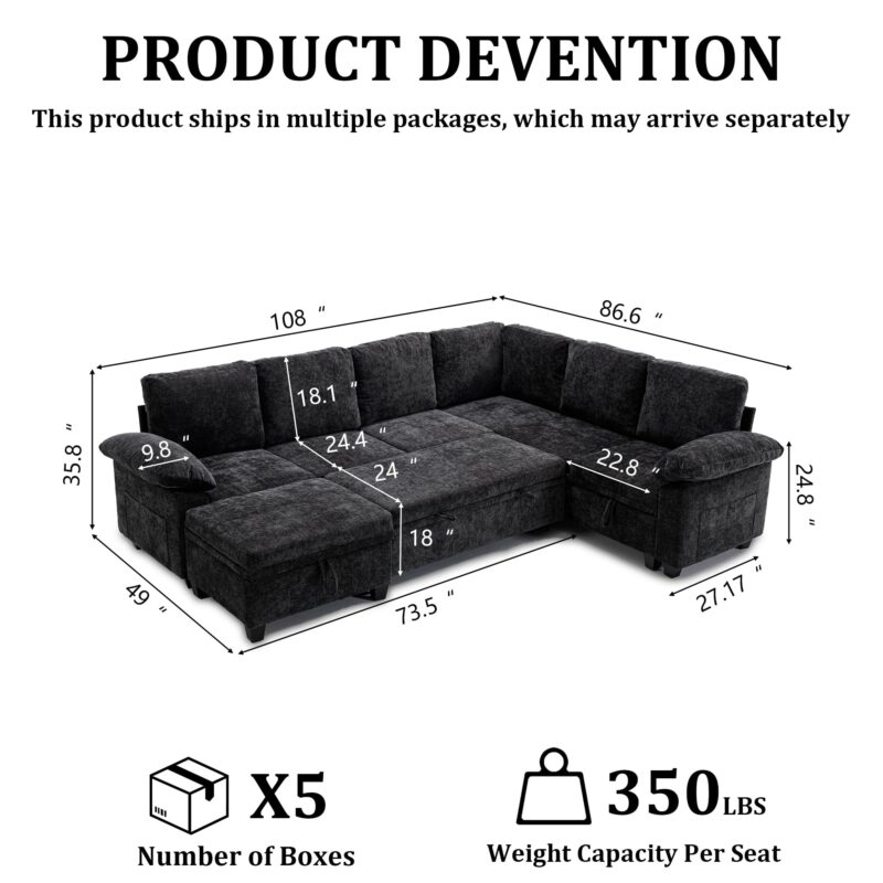 HOMYEDAMIC L Shaped Sectional Sleeper Sofa with Pull Out Bed, 7 Seat Modular Chenille Couch with Storage, Modern Convertible Sofa Bed, Sectional Couches for Living Room, Apartment, Black - Image 2