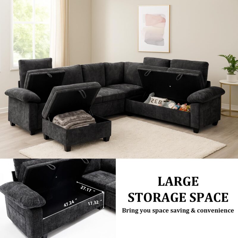 HOMYEDAMIC L Shaped Sectional Sleeper Sofa with Pull Out Bed, 7 Seat Modular Chenille Couch with Storage, Modern Convertible Sofa Bed, Sectional Couches for Living Room, Apartment, Black - Image 4