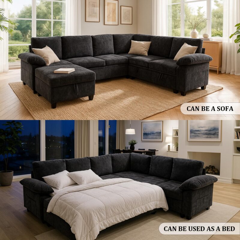 HOMYEDAMIC L Shaped Sectional Sleeper Sofa with Pull Out Bed, 7 Seat Modular Chenille Couch with Storage, Modern Convertible Sofa Bed, Sectional Couches for Living Room, Apartment, Black - Image 5