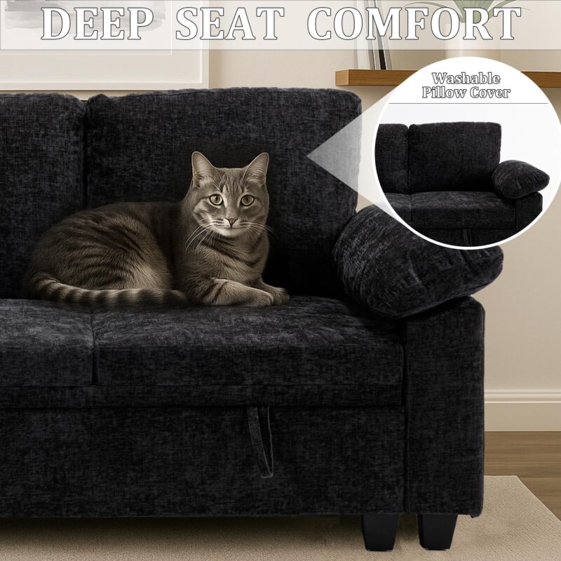 HOMYEDAMIC L Shaped Sectional Sleeper Sofa with Pull Out Bed, 7 Seat Modular Chenille Couch with Storage, Modern Convertible Sofa Bed, Sectional Couches for Living Room, Apartment, Black - Image 6