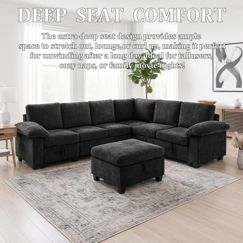 HOMYEDAMIC L Shaped Sectional Sleeper Sofa with Pull Out Bed, 7 Seat Modular Chenille Couch with Storage, Modern Convertible Sofa Bed, Sectional Couches for Living Room, Apartment, Black - Image 7