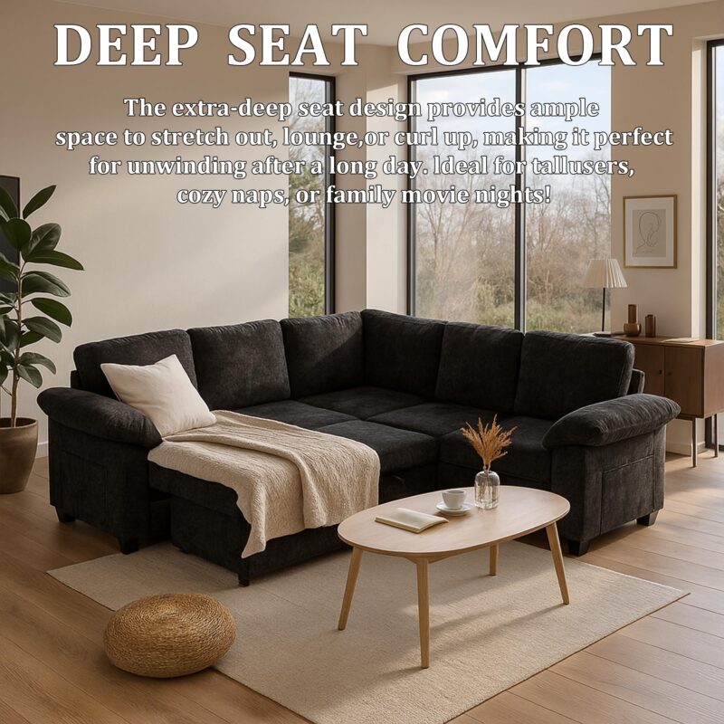 HOMYEDAMIC L Shaped Sectional Sleeper Sofa with Pull Out Bed, 7 Seat Modular Chenille Couch with Storage, Modern Convertible Sofa Bed, Sectional Couches for Living Room, Apartment, Black - Image 8