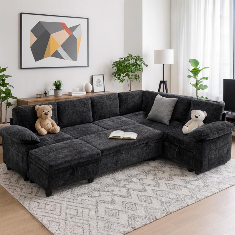 HOMYEDAMIC L Shaped Sectional Sleeper Sofa with Pull Out Bed, 7 Seat Modular Chenille Couch with Storage, Modern Convertible Sofa Bed, Sectional Couches for Living Room, Apartment, Black - Image 9
