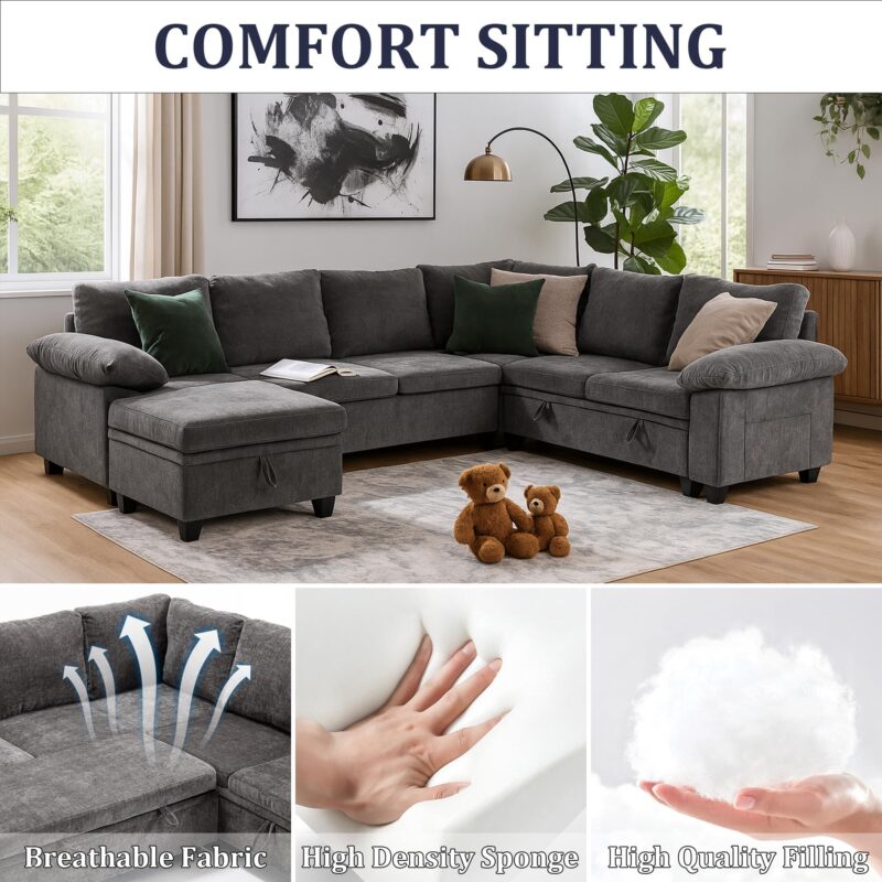 HOMYEDAMIC L Shaped Sectional Sleeper Sofa with Pull Out Bed, 7 Seat Modular Chenille Couch with Storage, Modern Convertible Sofa Bed, Sectional Couches for Living Room, Apartment, Gray - Image 3