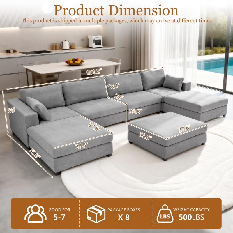 Oversized Modular Sectional Sofa, Extra Large Deep Seat Couch with Covers Removable, Modern Luxury Chenille Cloud Couch, Sectional Couches for Living Room, Apartment (Light Gray, 4 Seater+3 Ottoman) - Image 2