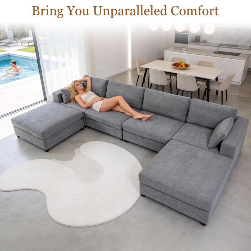 Oversized Modular Sectional Sofa, Extra Large Deep Seat Couch with Covers Removable, Modern Luxury Chenille Cloud Couch, Sectional Couches for Living Room, Apartment (Light Gray, 4 Seater+3 Ottoman) - Image 7