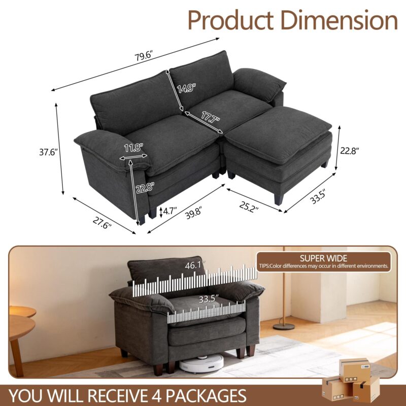 YI DANICA Modular Cloud Couch Sectional, Comfy Deep Seat Sectional Sofa with Moveable Ottoman, Over-Sized Modular Cloud Sofa, Cloud Couches for Living Room (Black, 2 Seater & 1 Ottoman) - Image 2
