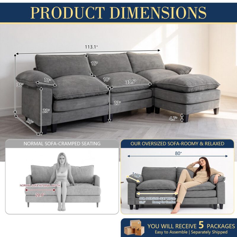 YI DANICA Modular Cloud Couch Sectional, Comfy Deep Seat Sectional Sofa with Moveable Ottoman, Over-Sized Modular Cloud Sofa, Cloud Couches for Living Room (Gray, 3 Seater & 1 Ottoman) - Image 2