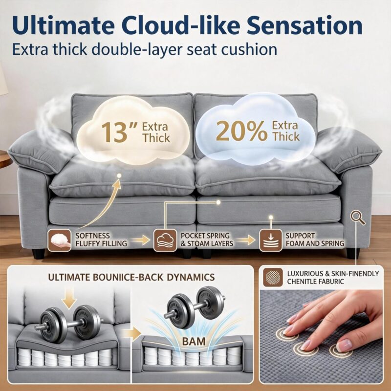 YI DANICA Modular Cloud Couch Sectional, Comfy Deep Seat Sectional Sofa with Moveable Ottoman, Over-Sized Modular Cloud Sofa, Cloud Couches for Living Room (Gray, 3 Seater & 1 Ottoman) - Image 3