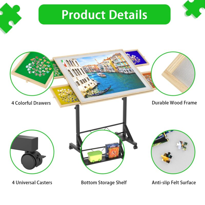 Wooden 1500 Piece Puzzle Table with Drawer, 35"*27.17" Adjustable Puzzle Table, 360° Tilting Puzzle Table with Legs and Wheels, Adjustable Height and Angle, with Protective Cover - Image 2