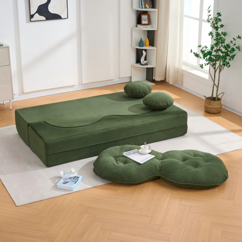 Convertible Sleeper Sofa, Modern Folding Futon Corduroy Floor Foam Compression Loveseat Sofa Bed Couch, Foldable Full Size Guest Bed with 2 Pillows for Living Room Bedroom Apartment - Image 7