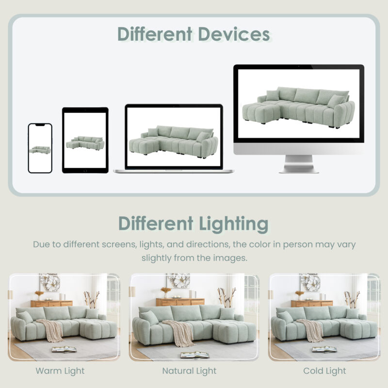 110" Modular Sectional Sofa, L Shape with Extra-large Seat, Pull-line Design, Movable Ottoman, High Density Foam, Free Combination, Sturdy Metal&Wood Frame, Boucle Fabric, 3 Colors - Image 6