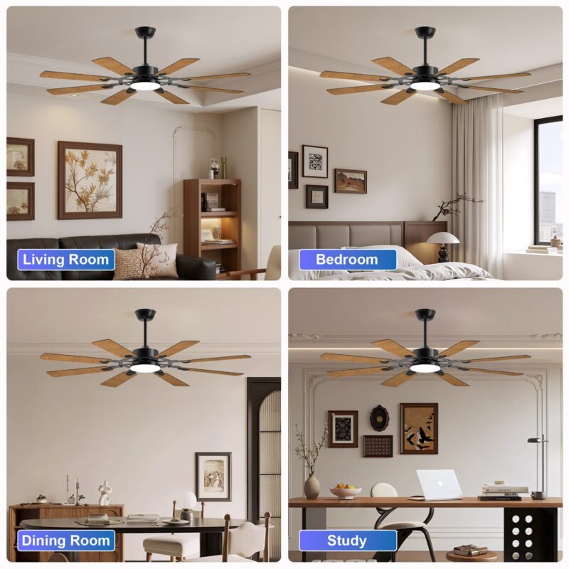 60 Inch Ceiling Fan with Lights and Remote Control, 8 Plywood Blades, 6-Speed Noiseless Reversible DC Motor, 3CCT, Windmill Ceiling fan for Kitchen Bedroom Living Room, Black - Image 5