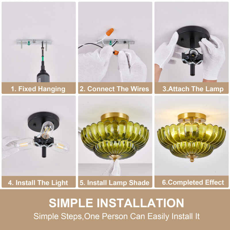 11.8 inch Kitchen Ceiling Light, 3-Light Semi Flush Mount Ceiling Lamp with Flower Glass, Vintage Close to Ceiling Light Fixtures for Bathroom Bedroom Hallway Entryway, Green - Image 6