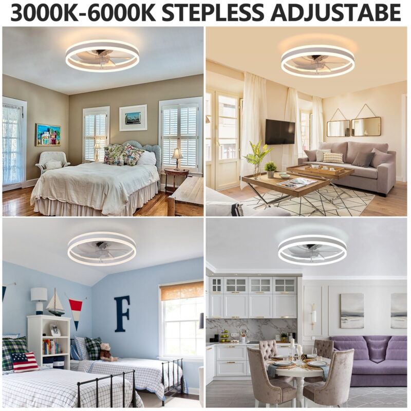 20" Flush Mount Ceiling Fans with Lights and Remote, 3000K-6000K Dimmable LED Fandelier Low Profile Chandelier Ceiling Fan for Bedroom Living Room, White - Image 4