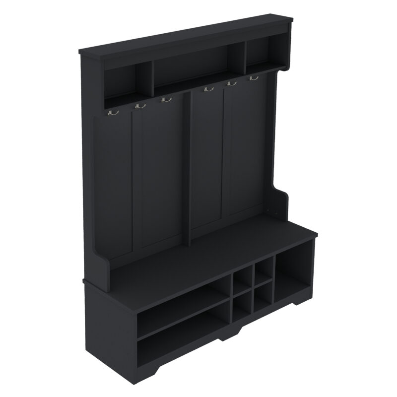 Modern Hallway Hall Tree with Metal Hooks and Storage Space, Multi-Functional Entryway Coat Rack with Shoe Cubbies, Black - Image 10