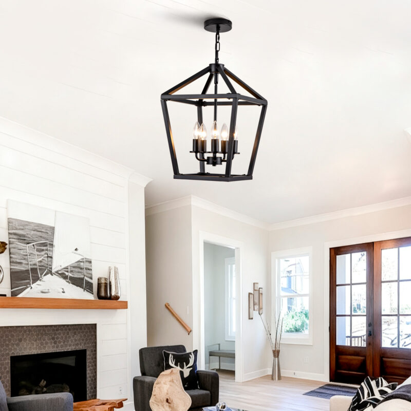 Farmhouse Lantern Chandelier 5-Light, Industrial Black Ceiling Light Fixture with Rustic Open Cage and Adjustable Hanging Height, E12 Base for Kitchen Island, Dining Room, Entryway, Foyer - Image 11