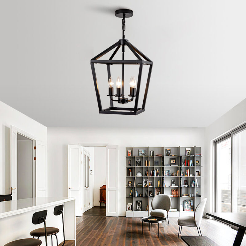Farmhouse Lantern Chandelier 5-Light, Industrial Black Ceiling Light Fixture with Rustic Open Cage and Adjustable Hanging Height, E12 Base for Kitchen Island, Dining Room, Entryway, Foyer - Image 10
