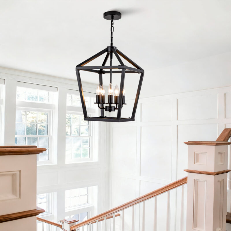 Farmhouse Lantern Chandelier 5-Light, Industrial Black Ceiling Light Fixture with Rustic Open Cage and Adjustable Hanging Height, E12 Base for Kitchen Island, Dining Room, Entryway, Foyer - Image 9