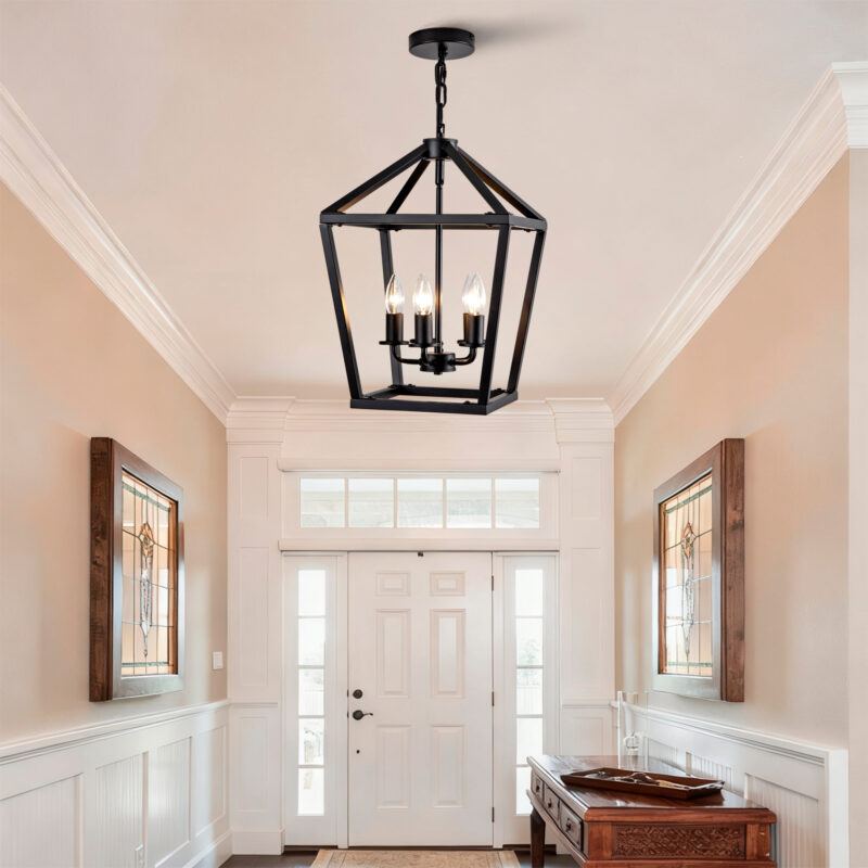 Farmhouse Lantern Chandelier 5-Light, Industrial Black Ceiling Light Fixture with Rustic Open Cage and Adjustable Hanging Height, E12 Base for Kitchen Island, Dining Room, Entryway, Foyer - Image 8