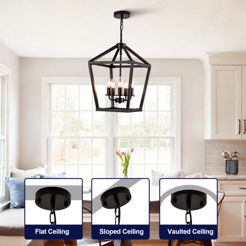 Farmhouse Lantern Chandelier 5-Light, Industrial Black Ceiling Light Fixture with Rustic Open Cage and Adjustable Hanging Height, E12 Base for Kitchen Island, Dining Room, Entryway, Foyer - Image 6