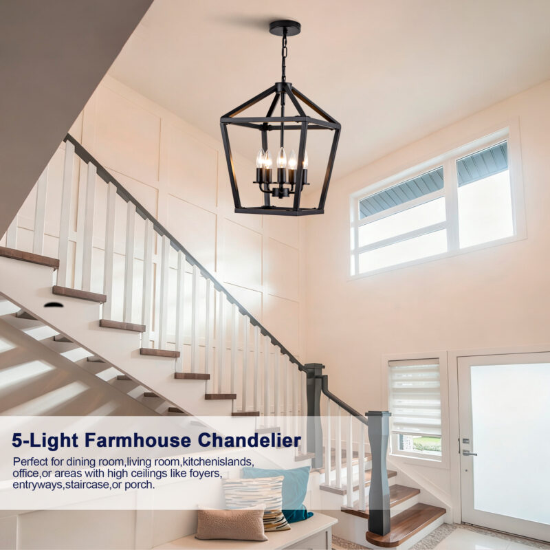 Farmhouse Lantern Chandelier 5-Light, Industrial Black Ceiling Light Fixture with Rustic Open Cage and Adjustable Hanging Height, E12 Base for Kitchen Island, Dining Room, Entryway, Foyer - Image 5