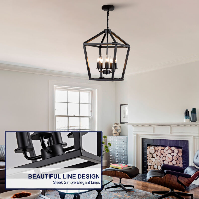 Farmhouse Lantern Chandelier 5-Light, Industrial Black Ceiling Light Fixture with Rustic Open Cage and Adjustable Hanging Height, E12 Base for Kitchen Island, Dining Room, Entryway, Foyer - Image 3