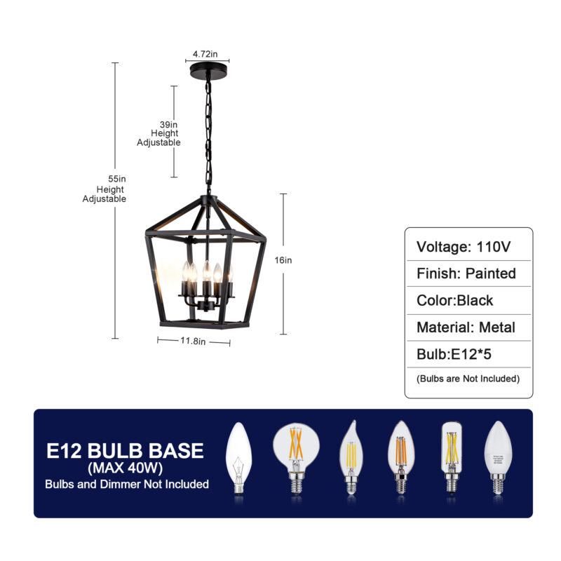 Farmhouse Lantern Chandelier 5-Light, Industrial Black Ceiling Light Fixture with Rustic Open Cage and Adjustable Hanging Height, E12 Base for Kitchen Island, Dining Room, Entryway, Foyer - Image 12