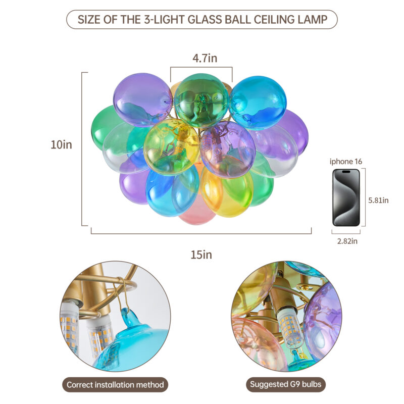 Colorful Glass Bubble Ball Swirled Glass Chandelier 15 Inch 3 Light, Small Pendant Light Fixture for Bedroom Study Restaurant - Image 14