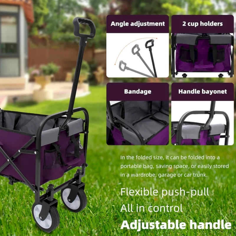 Minimeetall Strap , Collapsible Foldable Wagon Cart with strapping system Beach Wagon , Utility Cart , Utility Wagon Grocery Cart for Camping Shopping Sports Gardeing Fishing Supports 225lbs purple - Image 5