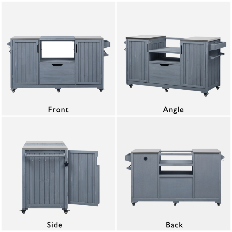 K&K 66.5" Outdoor Kitchen Island for Big Green Egg Grills, Solid Wood Outdoor Grill Cart for Tabletop Grill with Stainless Steel Top, Drawer, Compatible with Large Big Green Egg, Kamado Joe- Grey Blue - Image 9