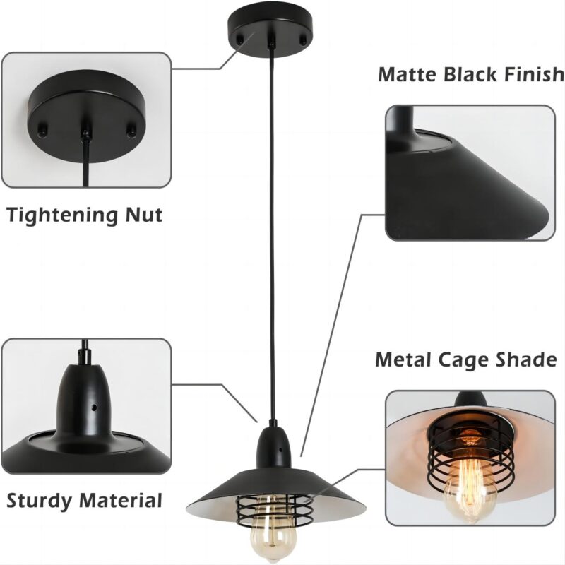 Farmhouse Vintage Pendant Light Black Fixture Pendant Lights with Spring Frame Adjustable Metal Hanging Lamp for Kitchen Island Dining Room Bedroom Living Room Barn Entryy, E26 - Image 7