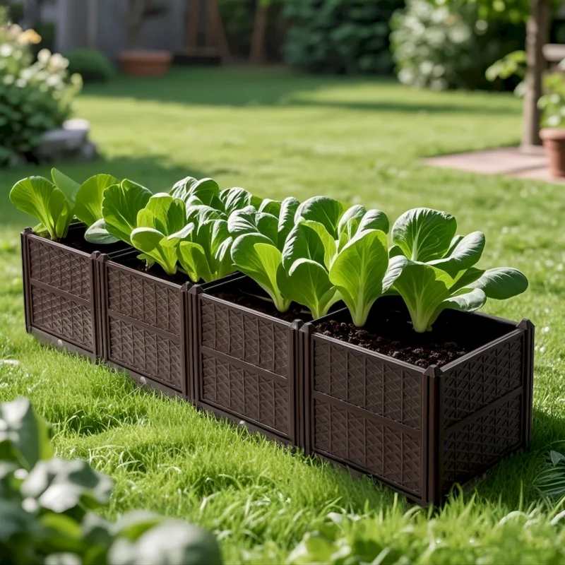 Indoor and outdoor rectangular plastic planting box; planting kit for fresh vegetables, herbs, flowers, and succulents; brown - Image 9