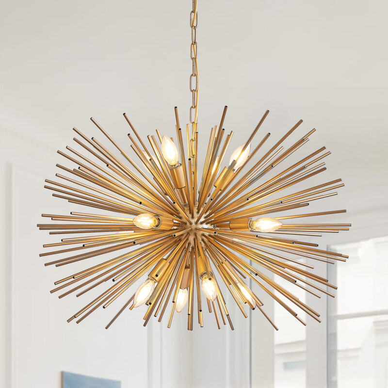 29" Mid-Century Modern 12-Light Starburst Chandelier – Gold Sputnik Pendant Light Fixture for Living Room, Dining Room, or Foyer (Bulb Not Included) - Image 9