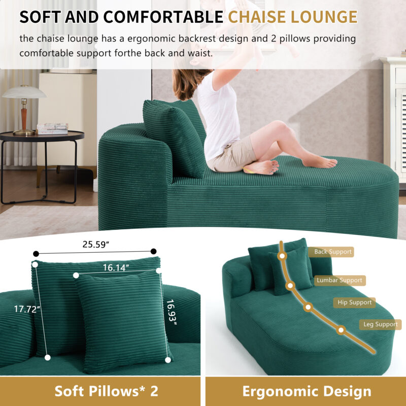 67.5''Chaise Lounge Chair 46'' Wide Seat Indoor Corduroy Oversized Sleeper Sofa for Living Room Deep Seat Lounge and Two Soft Pillows Convertible Boneless Sofa Bed, Green,No Assembly Required - Image 31