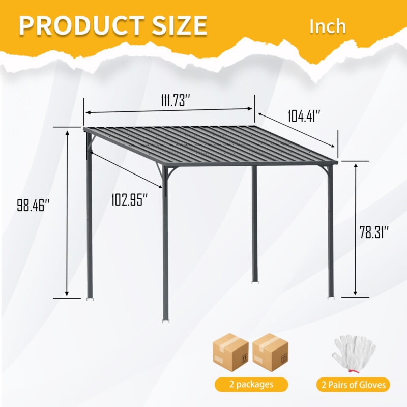 Outdoor Pergola 8' x 10' Metal Inclined Roof Pergolas Waterproof Wall-mounted iron sheet shed Gazebo for Patio,Garden,Yard - Image 3
