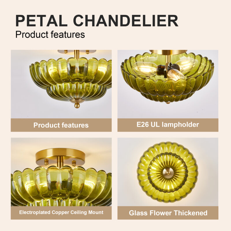 11.8 inch Kitchen Ceiling Light, 3-Light Semi Flush Mount Ceiling Lamp with Flower Glass, Vintage Close to Ceiling Light Fixtures for Bathroom Bedroom Hallway Entryway, Green - Image 8