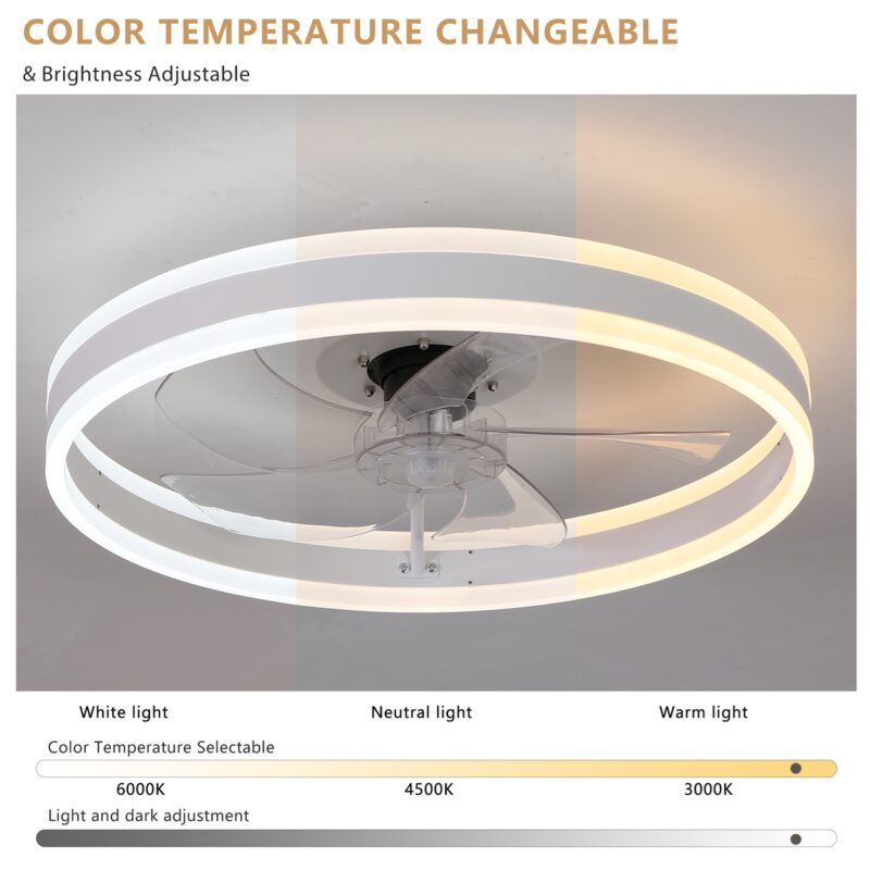 20" Flush Mount Ceiling Fans with Lights and Remote, 3000K-6000K Dimmable LED Fandelier Low Profile Chandelier Ceiling Fan for Bedroom Living Room, White - Image 5