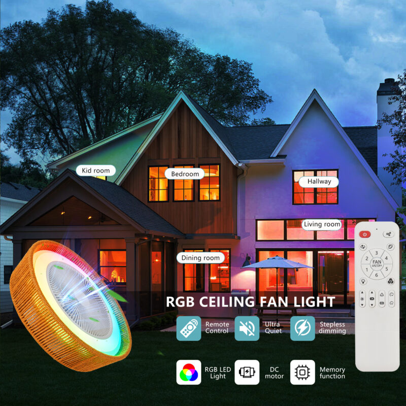 21" Modern Rustic Ceiling Fan Light with LED RGB Mood Lighting, Rope Woven Design, Quiet Fan, Semi Flush Mount for Bedroom, Living Room, or Dining Room ((Silent/6-Speed/Reversible/DC Motor)) - Image 4