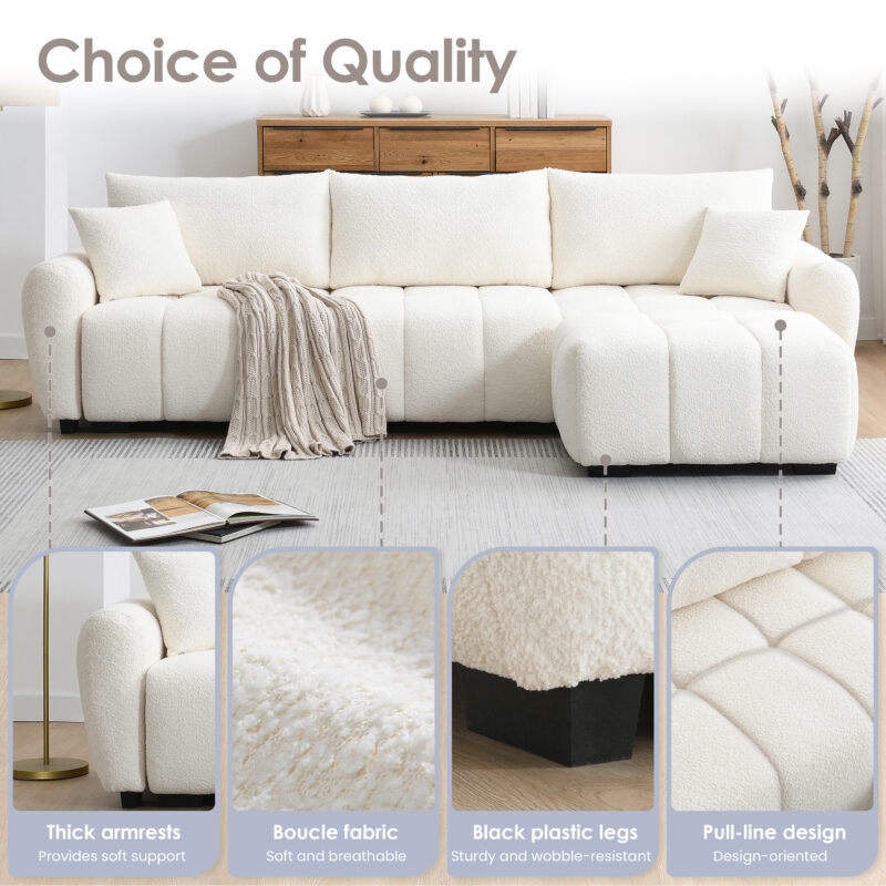 110" Modular Sectional Sofa, L Shape with Extra-large Seat, Pull-line Design, Movable Ottoman, High Density Foam, Free Combination, Sturdy Metal&Wood Frame, Boucle Fabric, 3 Colors - Image 12