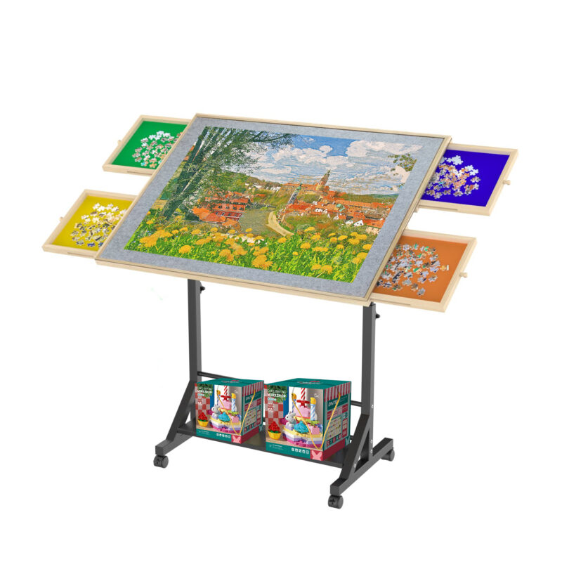 Wooden 1500 Piece Puzzle Table with Drawer, 35"*27.17" Adjustable Puzzle Table, 360° Tilting Puzzle Table with Legs and Wheels, Adjustable Height and Angle, with Protective Cover - Image 14