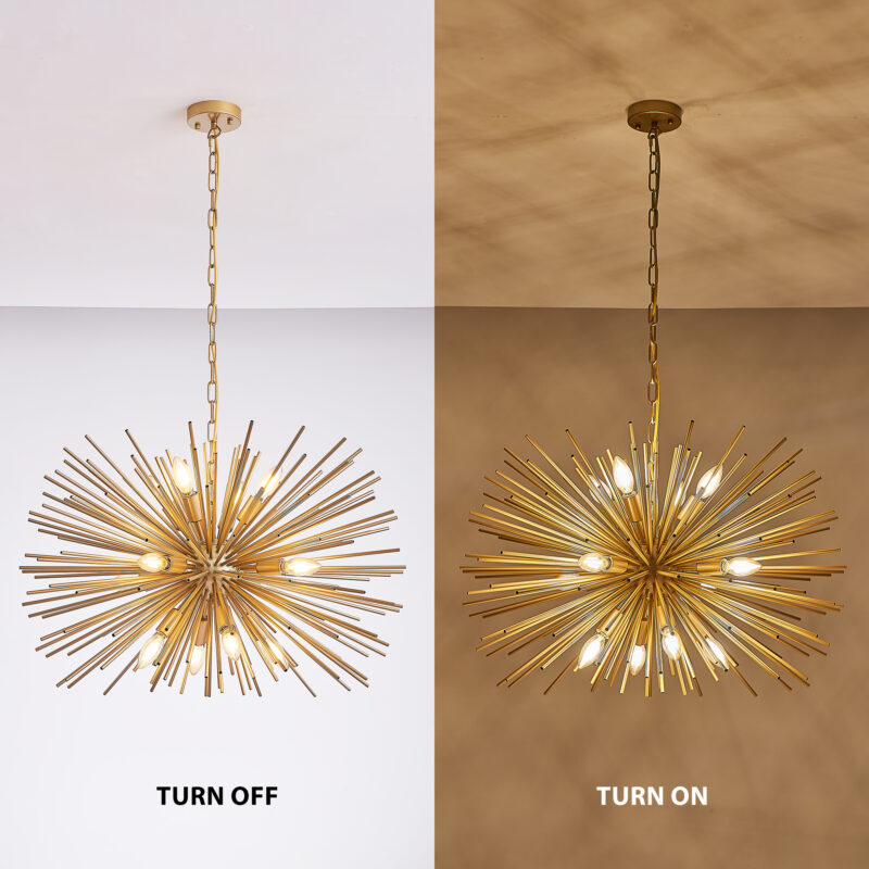 29" Mid-Century Modern 12-Light Starburst Chandelier – Gold Sputnik Pendant Light Fixture for Living Room, Dining Room, or Foyer (Bulb Not Included) - Image 3