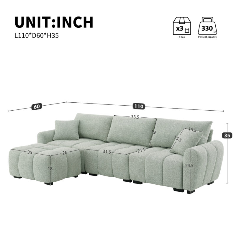 110" Modular Sectional Sofa, L Shape with Extra-large Seat, Pull-line Design, Movable Ottoman, High Density Foam, Free Combination, Sturdy Metal&Wood Frame, Boucle Fabric, 3 Colors - Image 7