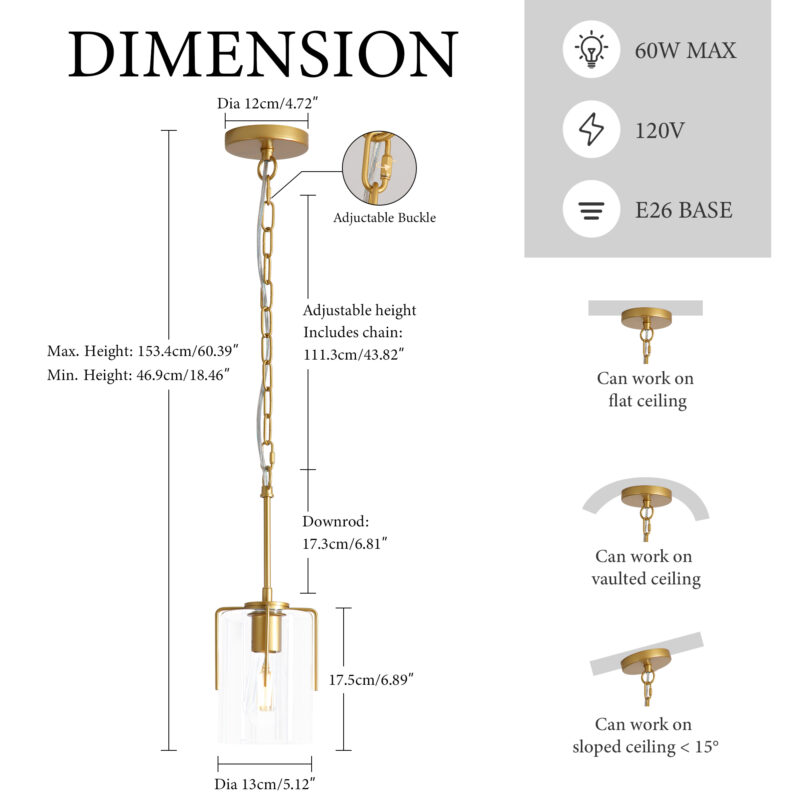 Farmhouse Gold Pendant Light, 1-Light Clear Glass Kitchen Island Light for Dining Table, Adjustable Modern Hanging Ceiling Fixture for Entryway, Hallway, Bedroom - Image 9
