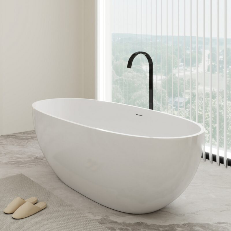 67 in. x 31 in. Oval Freestanding Solid Surface Soaking Bathtub with Center Drain in Matte White - Image 2